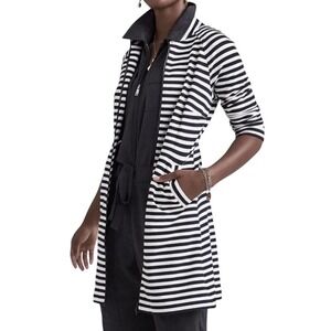 $184 CABI Byline Jacket #5851 Blk White Striped Zip Mock Neck Pleated Back Sz S